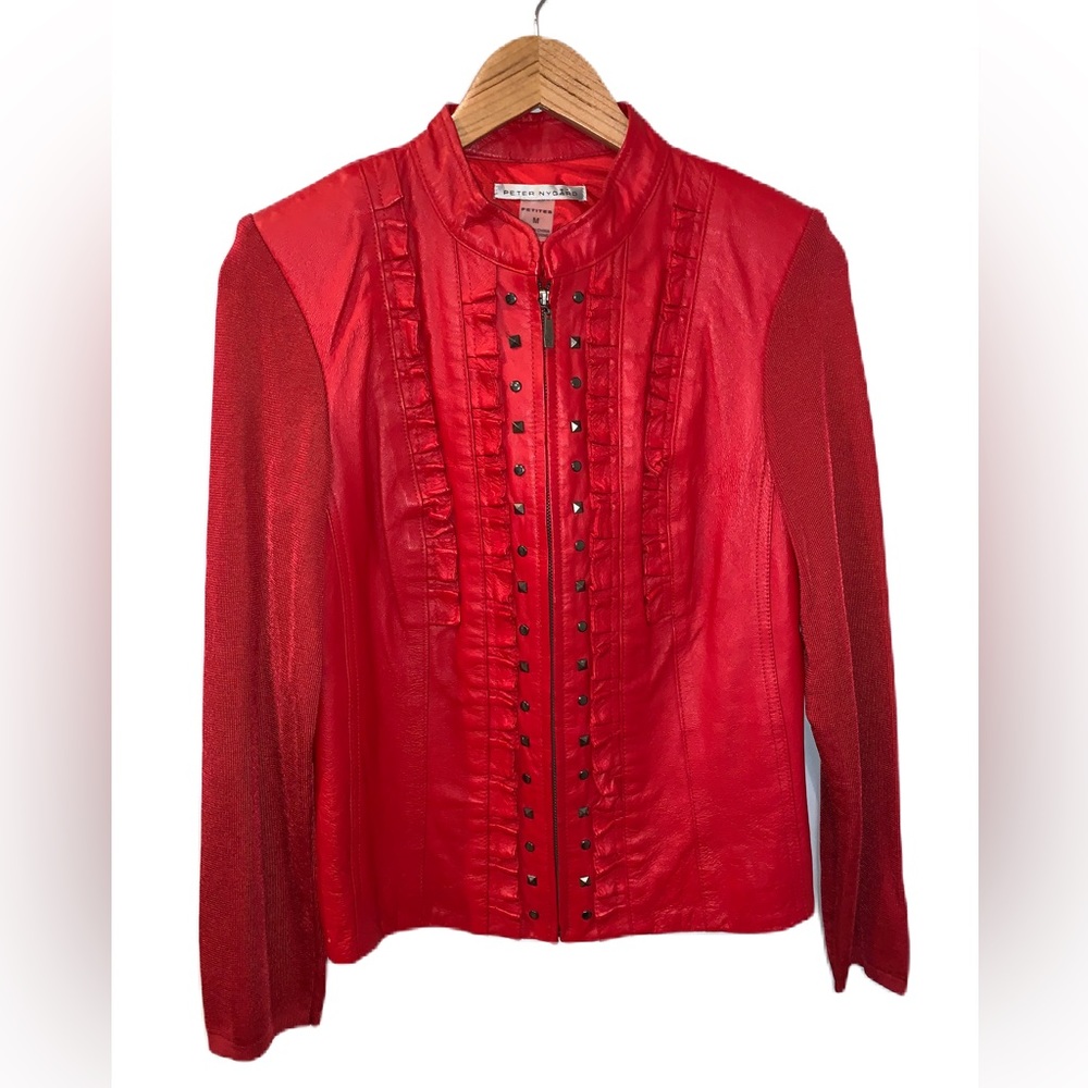 Peter Nygard Red Leather Embellished Ruffled Jacket Size Medium Petite